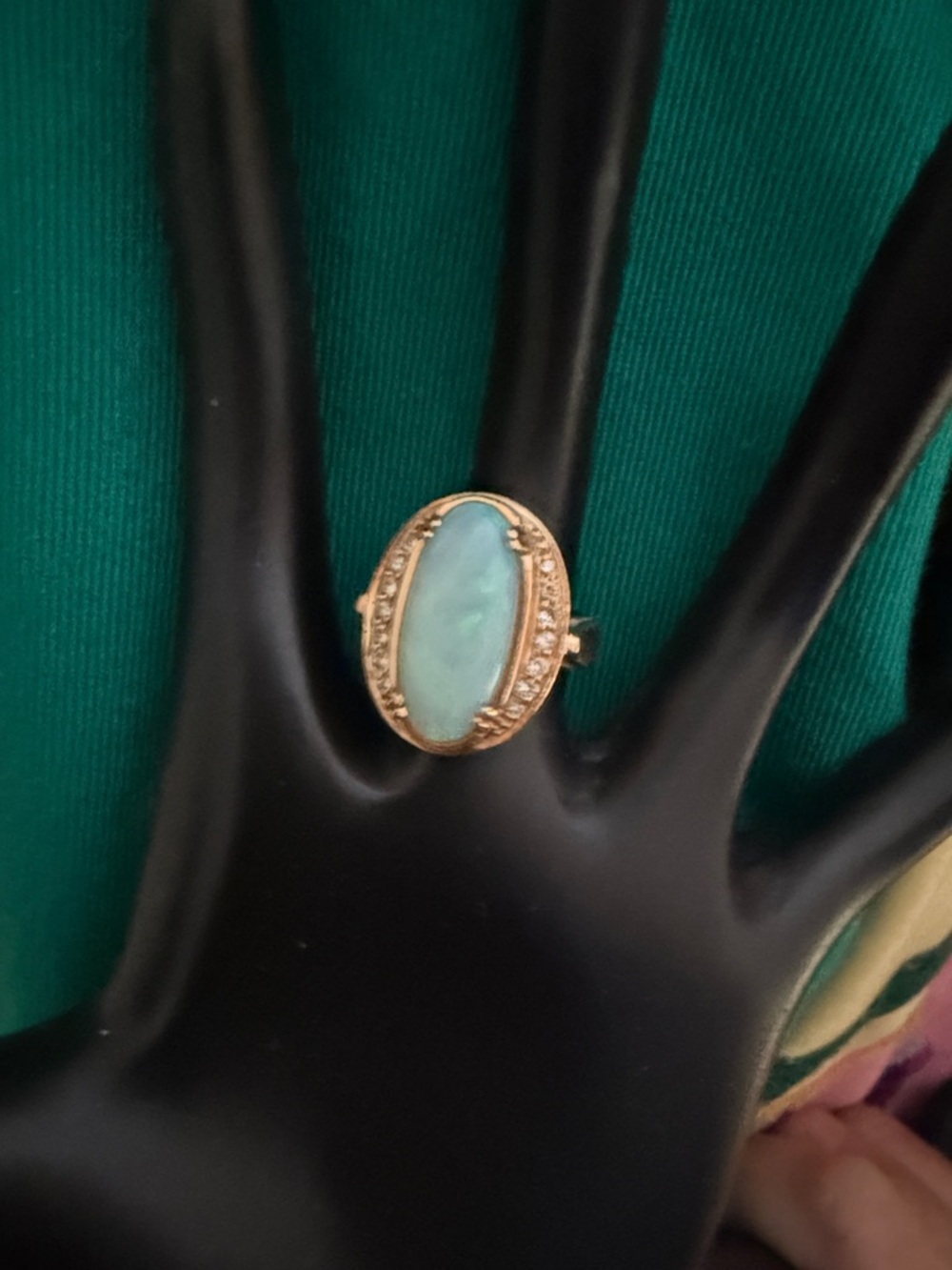 Gorgeous 14K Gold Ring with Light Blue Opal Stone. 14 natural cut diamonds. - Picture 2 of 16
